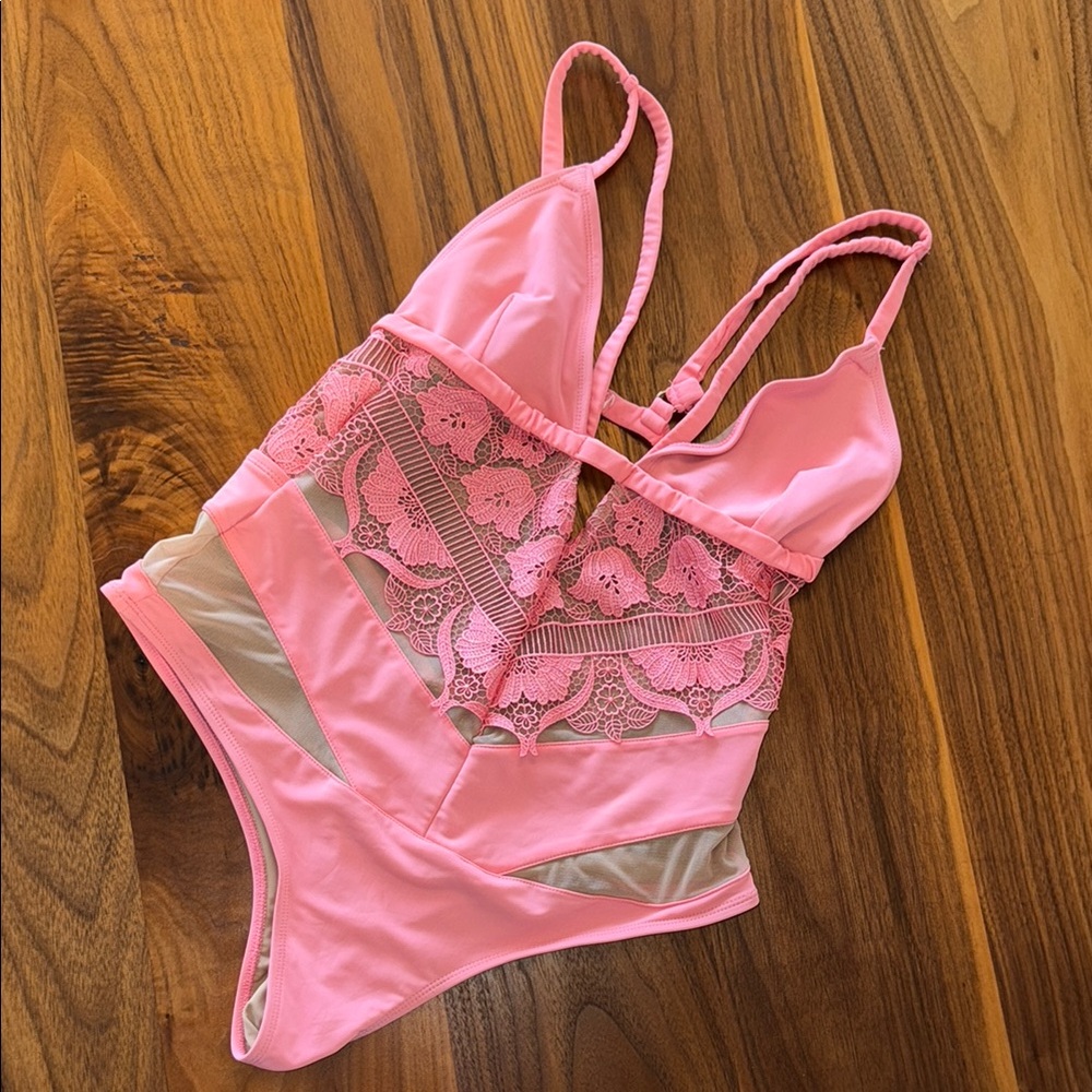 For Love And Lemons Pink Lace One Piece Swimsuit